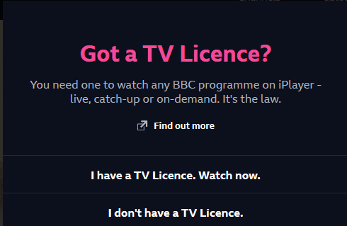 首次观看会提示是否购买了 TV Licence